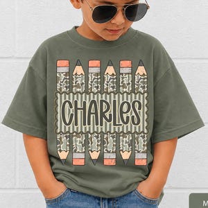 Personalized Back to School Shirt for Boy, Custom Name Pencil Shirt, Camo Pencil Kids Tee, Kindergarten First Day Shirt, Preschool Boy Shirt image 1