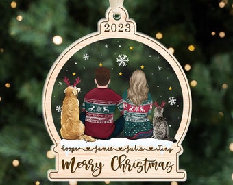 Custom Couple and Pet Ornament, Personalized Couple with Dog Ornament, 2023 Christmas Couple Ornament, Couple Keepsake Ornament Xmas Gift