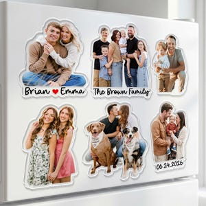 May include: Six custom photo magnets featuring various family portraits, couples, and pets. The magnets display names like Brian and Emma, The Brown Family, and the date 06.24.2026. Each magnet is die-cut to the shape of the people and animals in the photos.