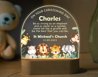 Personalized Christening Gift, Custom Baby Night Light, Christening Night Lamp, Nursery Decor, Jungle Animal Led Light, Boys Christening