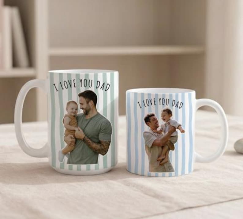 Custom Photo Striped Mug for Dad, Personalized Father and Son Picture Cup, Best Dad Gift with Custom Name, Gift for Grandpa, New Dad Gift afbeelding 7