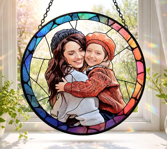 Personalized Mom Grandma Portrait Stained Glass: Photo Suncatcher Window Hanging