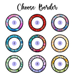May include: Nine different colourful mosaic border designs for a digital product. Each design is numbered 1 through 9.