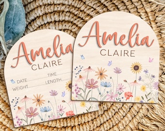 Custom Wildflower Baby Name Sign, Newborn Birth Stats Announcement Sign, Baby Shower Gifts, Wooden Name Sign, Baby Arrival Hospital Sign