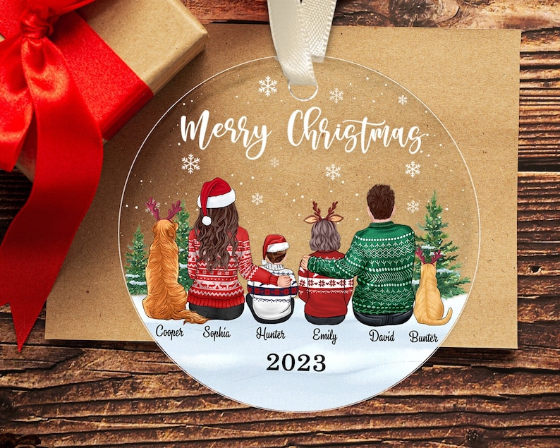 Personalized Family and Pet Ornament, Custom Family Christmas Ornament with Pets, Xmas Family Keepsake Ornament, Christmas Decor, Noel Decor