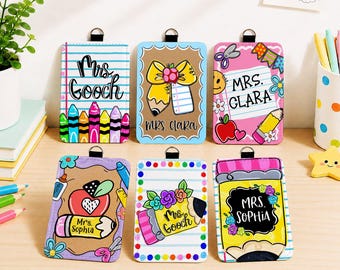 Custom Teacher Name Badge Holder, Composition Book Teacher ID Holder Lanyard Accessories, Teacher Appreciation Gifts, Back To School Gift