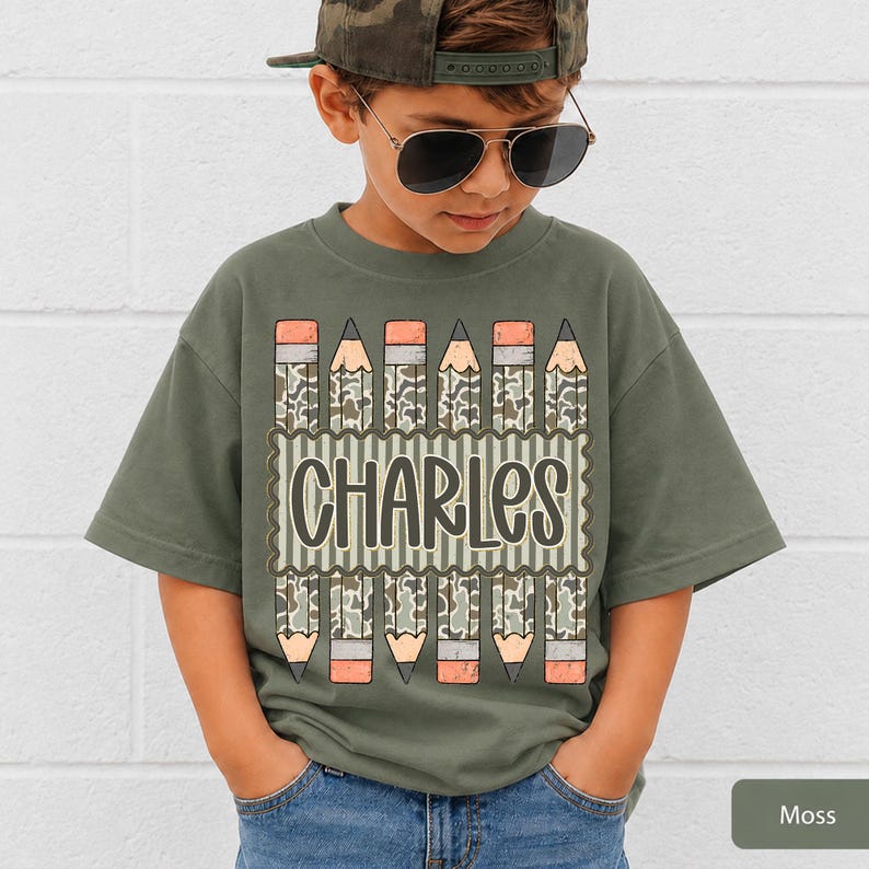 Personalized Back to School Shirt for Boy, Custom Name Pencil Shirt, Camo Pencil Kids Tee, Kindergarten First Day Shirt, Preschool Boy Shirt image 1