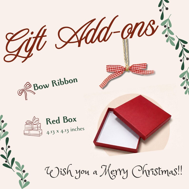 May include: Gift add-ons featuring a red and white gingham bow ribbon with twine and a square red gift box measuring 4.13 x 4.13 inches. The text reads Gift Add-ons, Bow Ribbon, Red Box, and Wish you a Merry Christmas!! with green leaf accents.
