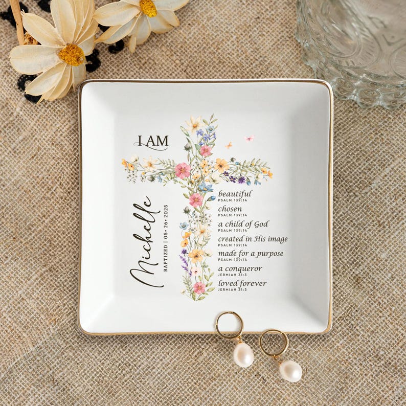 Baptism Gift Girl, Custom Baptism Ring Dish, Christening Gifts Girl, Jewelry Tray For Goddaughter, Gift from Godparents, Dedication Gift image 3