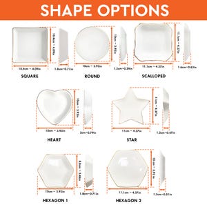 May include: A chart showing 10 different ceramic dish shapes with gold trim. The shapes include square, round, scalloped, heart, star, hexagon 1, and hexagon 2. Each shape is labeled with its name and dimensions in inches and centimeters.