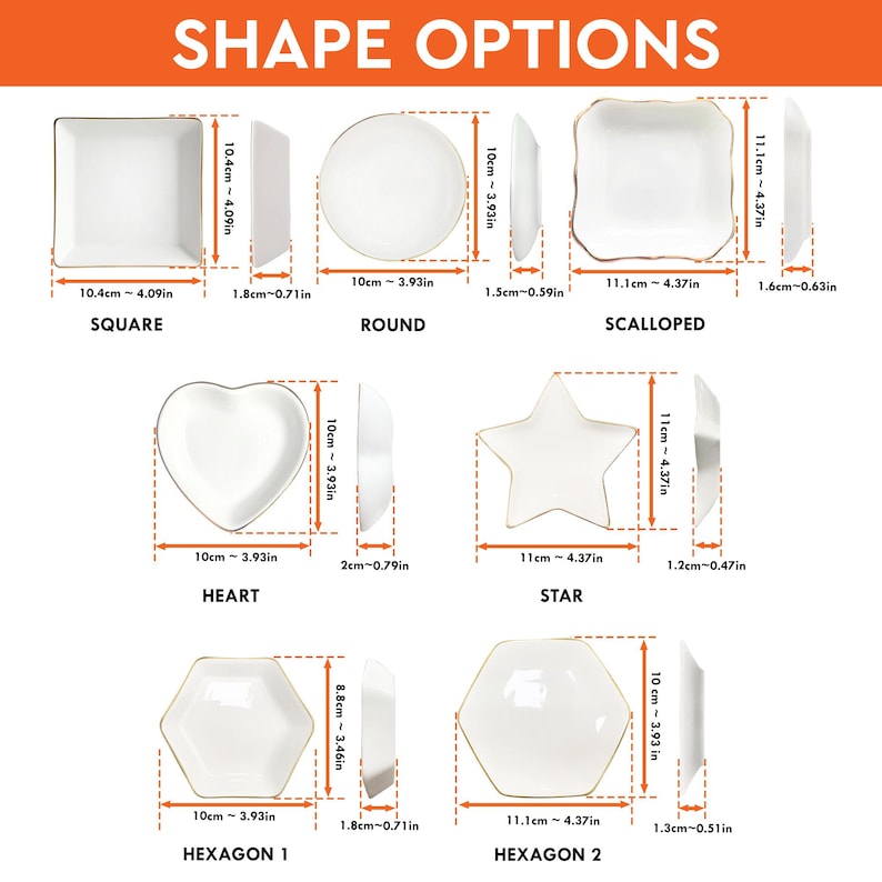 May include: A chart showing 10 different ceramic dish shapes with gold trim. The shapes include square, round, scalloped, heart, star, hexagon 1, and hexagon 2. Each shape is labeled with its name and dimensions in inches and centimeters.