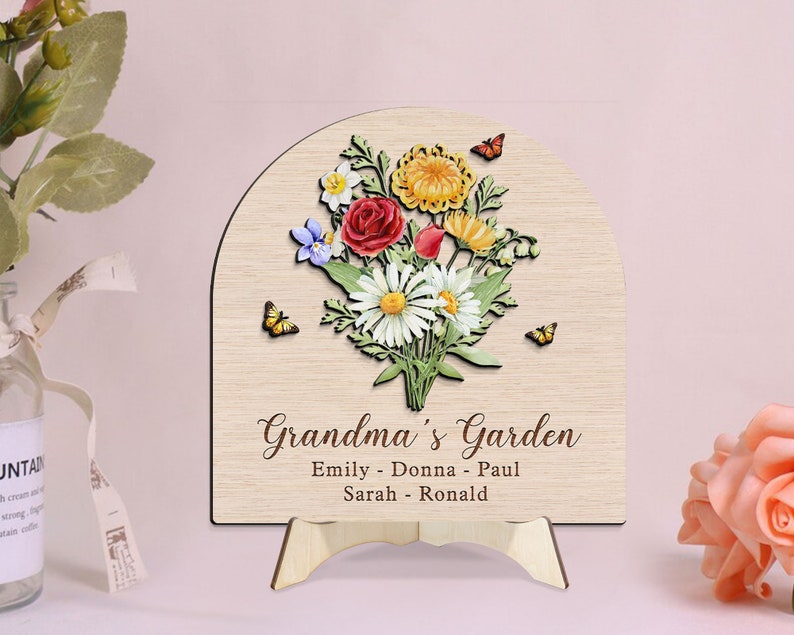 Cadeau fleur de naissance personnalisé pour grand-mère, cadeau fête des mères, cadeau grand-mère personnalisé, cadeau grand-mère des petits-enfants, plaque en bois personnalisée grand-mère image 3