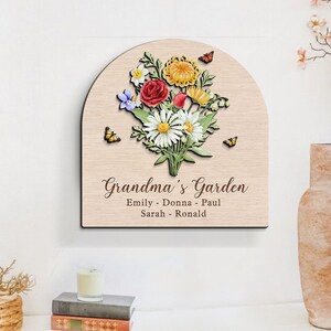 Cadeau fleur de naissance personnalisé pour grand-mère, cadeau fête des mères, cadeau grand-mère personnalisé, cadeau grand-mère des petits-enfants, plaque en bois personnalisée grand-mère image 2