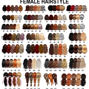 May include: A digital chart titled FEMALE HAIRSTYLE displaying 126 numbered illustrations of various hair colors, lengths, and textures, including buns, braids, ponytails, and loose waves, arranged in rows for selection and customization purposes.