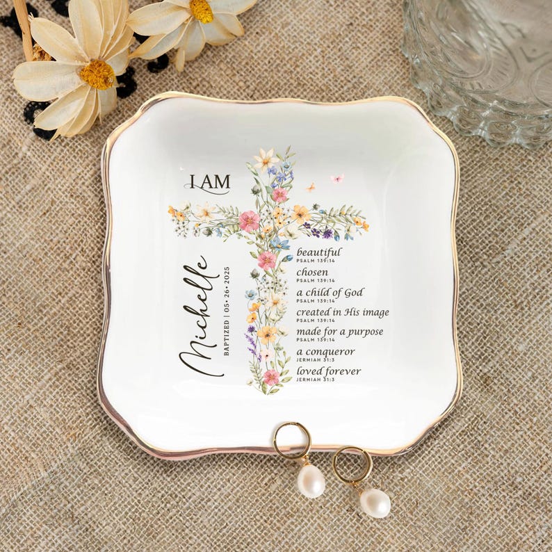 Baptism Gift Girl, Custom Baptism Ring Dish, Christening Gifts Girl, Jewelry Tray For Goddaughter, Gift from Godparents, Dedication Gift image 1