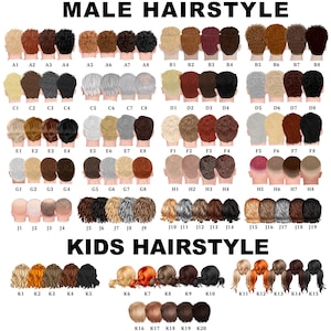 May include: A digital chart displaying various hairstyles labeled MALE HAIRSTYLE and KIDS HAIRSTYLE. The image features rows of illustrated back-of-head views in diverse colors, textures, and lengths, each assigned a unique alphanumeric code.