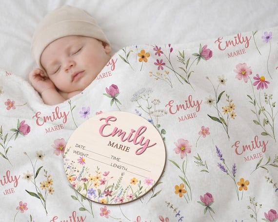 Custom Baby Name Swaddle Set, Wildflower Newborn Announcement Sign
