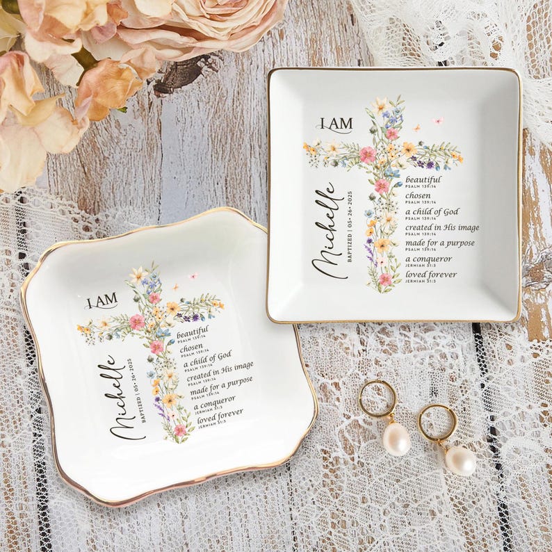 Baptism Gift Girl, Custom Baptism Ring Dish, Christening Gifts Girl, Jewelry Tray For Goddaughter, Gift from Godparents, Dedication Gift image 4