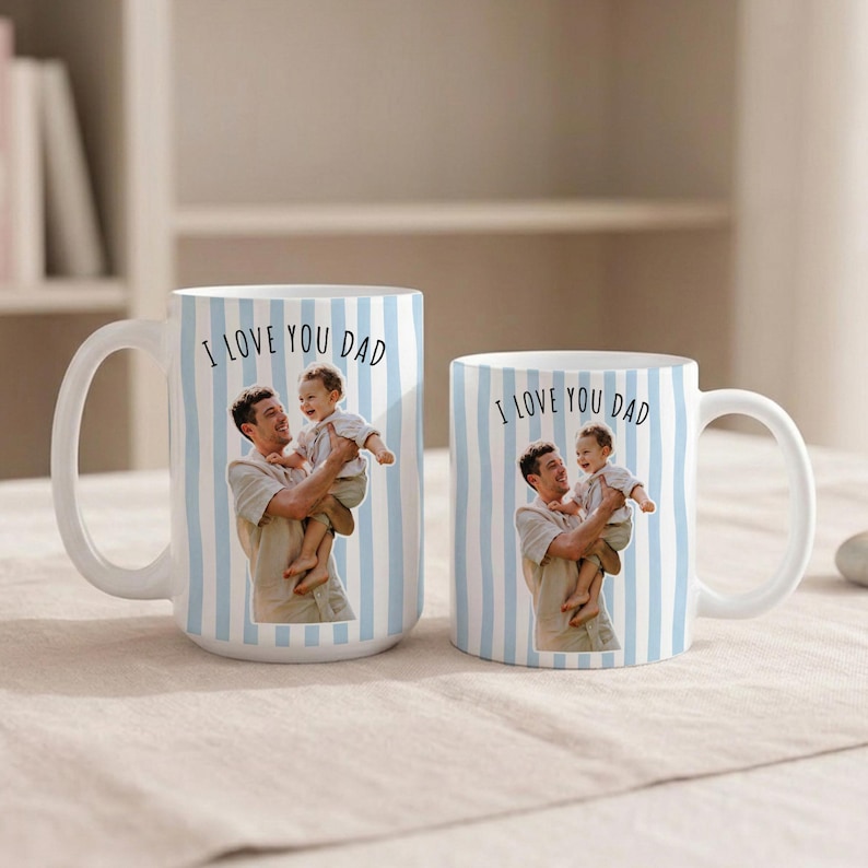 Custom Photo Striped Mug for Dad, Personalized Father and Son Picture Cup, Best Dad Gift with Custom Name, Gift for Grandpa, New Dad Gift afbeelding 5