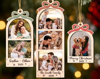May include: Wooden Christmas ornaments with family photos. One ornament has two photos and the text "Sophia - Ethan + 2025 *". Another ornament has three photos and the text "The Smith Family + 2025 *". The third ornament has a photo and the text "Merry Christmas + 2025 *".