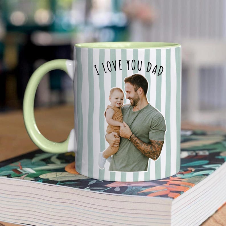 Custom Photo Striped Mug for Dad, Personalized Father and Son Picture Cup, Best Dad Gift with Custom Name, Gift for Grandpa, New Dad Gift afbeelding 3