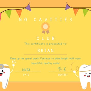 No Cavities Club Dental Certificate: Editable Digital Download