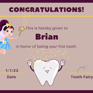 Certificato di download digitale personalizzabile del primo dente della fatina dei denti
