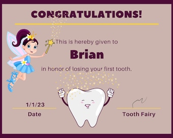 Tooth Fairy First Tooth Customizable Digital Download Certificate