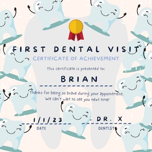 First Dental Visit Certificate Editable Digital Download