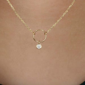 Open Circle Diamond Pendant, Solid 14K Gold Necklace, Natural Drop Diamond Necklace, Eternity Gold Necklace, Karma Bridal Jewelry for Women.