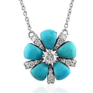 Turquoise Flower Necklace, Solid 18K White Gold Necklace, Natural Diamond Necklace, December Birthstone, Flower Shape Necklace Handmade Gift