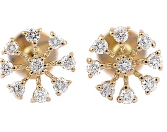14K Solid Gold Flower Natural Diamond Stud Earring: Handmade Cluster Design.