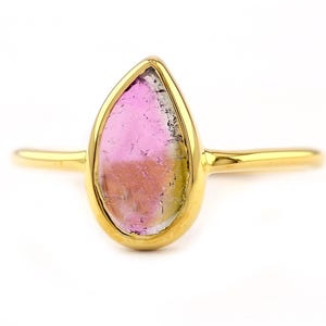 14k Yellow Gold Watermelon Tourmaline Ring - Teardrop Bio Statement Ring