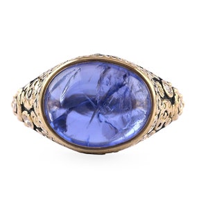 Genuine Real AAA+ Cabochon Oval Tanzanite Diamond Ring, Solid 18K Yellow Gold Ring, Art Deco Ring, Handmade Wedding Ring, Valentine&#39;s Gifts