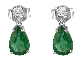 Natural Zambian Emerald Diamond Drop Earrings, 18K Solid Gold, May Birthstone Jewelry