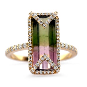 Solitaire Baguette Watermelon Tourmaline Diamond Ring, Solid 18K Yellow Gold Ring, Certified Wedding Ring, Engagement Ring, Valentine&#39;s Gift