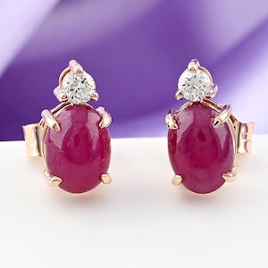 Genuine Oval Ruby Stud Earrings, Solid 18K Yellow Gold Diamond Ring, Ruby and Diamond Earrings, Handmade Jewelry, Wedding Anniversary Gifts.