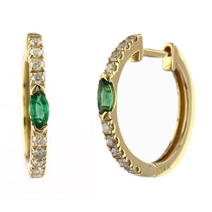 Genuine Diamond Hoop Earrings, Marquise Emerald Diamond Earrings, 14K Solid Gold Huggie Earrings, Emerald Hoops, Minimalist Earrings for Her