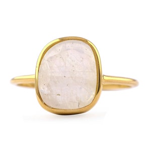 Solitaire Rainbow Moonstone Ring: 18K Yellow Gold, Handmade