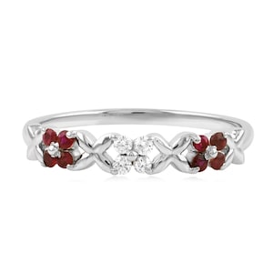 Anillo de banda de rubí y diamantes auténticos, oro amarillo de 14 quilates, anillo apilable de rubí de talla redonda, alianza de boda, joyería de piedra natal de julio