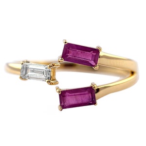 18K Gold Open Ruby Ring: Baguette Diamond Three Stone Ring