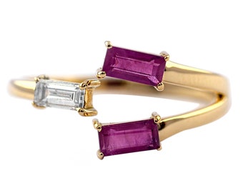 Natural Ruby & Diamond Ring, Baguette Cut Gemstone, Solid 18K Gold Cocktail Ring, Fine Jewelry Gift