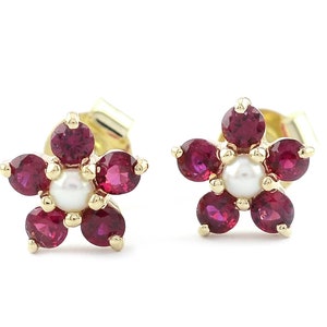 14K Gold Ruby Pearl Flower Earrings: July Birthstone Studs