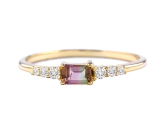 Watermelon Tourmaline Ring: 18K Gold Diamond Half Eternity Band