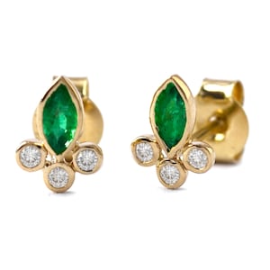Genuine Emerald Diamond Minimalist Earrings, Solid 14K Yellow Gold Dainty Earrings, Emerald Leaf Earrings, Elegant Diamond Gold Earrings