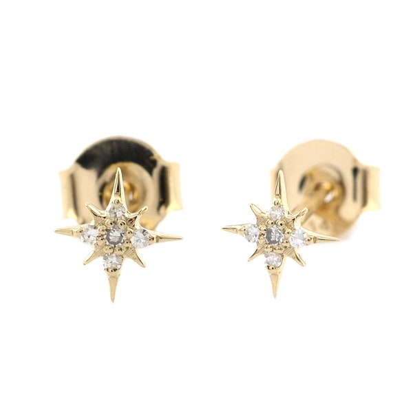 14K Solid Gold Diamond Earrings/ Genuine Pave Diamond Starburst Stud Earrings/ Minimalist Earrings/ North Star Stud Earrings/ Christmas Gift