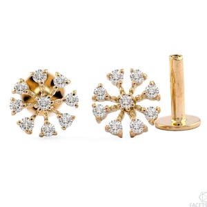 Solid 14K Gold Flower Diamond Stud Earrings, Gold Diamond Flower Woman Earring, Cluster Flower Studs Earrings, Handmade Mother&#39;s Day Gifts.