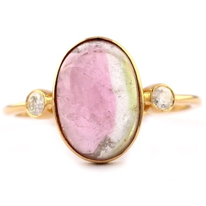 Elegant Multi-Color Tourmaline Ring, 18K Gold Tourmaline and Diamond Ring, Gorgeous Tourmaline Ring, Three Stone Ring, Valentine&#39;s Gifts.