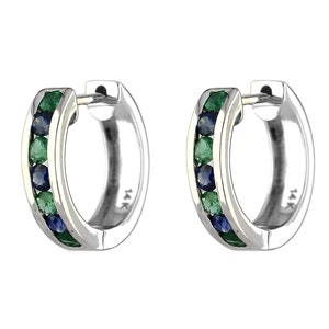 Natural Gemstone Huggie Hoop Earrings, Solid 14K White Gold Earrings, Natural Emerald Blue Sapphire Earrings, Women&#39;s Gold Hoop Earrings