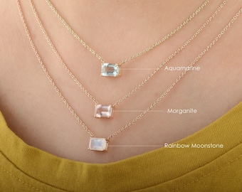 Emerald Cut Aquamarine Necklace/ 14K Solid Gold Necklace/ Genuine Aquamarine Charm Necklace/ Also Available In Morganite & Moonstone